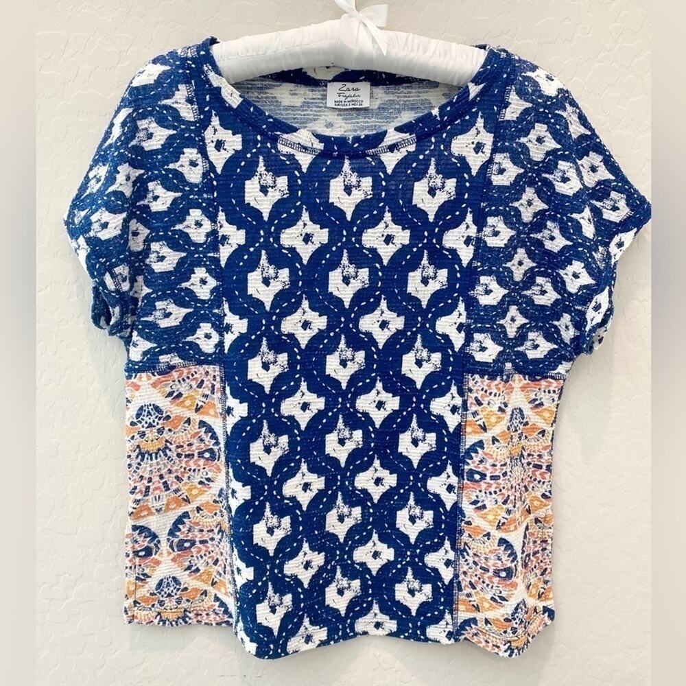 ZARA | Mixed Print Boho Top Blue White Mandala Pattern Short Sleeve | Small
